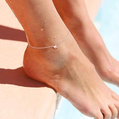 ChicSilver Personalized 925 Sterling Silver Tiny Heart/Moon/Star/Sun/Dot/Triangle Anklets Simple Dainty Foot Jewelry for Women, Silver/Gold Plated/Rose Gold Plated - style: Rose Gold Srar Custom