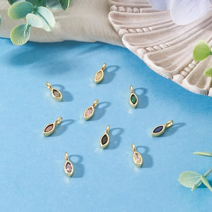 9Pcs Horse Eye Cubic Zirconia Charms Crystal CZ Stone Birthstone Dangle Charms Golden Brass Necklace Pendants for DIY Earring Bracelet Craft Jewelry Making 12x4x3.5mm - color: Horse Eye