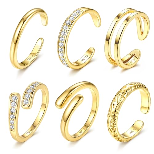 Besteel 6 PCS Toe Rings for Women - 14K Gold Filled Non Tarnish Waterproof | Adjustable Silver Toe Ring Simple Open Band Hug CZ Chunky Flower Toe Rings Set Trendy Summer Beach Foot Jewelry for Women - style: Gold: hug&cz toe ring