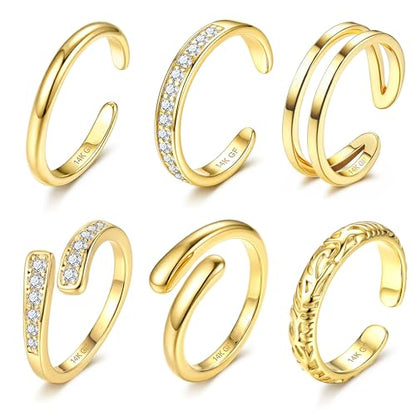 Besteel 6 PCS Toe Rings for Women - 14K Gold Filled Non Tarnish Waterproof | Adjustable Silver Toe Ring Simple Open Band Hug CZ Chunky Flower Toe Rings Set Trendy Summer Beach Foot Jewelry for Women - style: Gold: hug&cz toe ring
