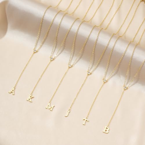 14K Gold Plated Initial Y Necklace for Women,CZ Letter Lariat Necklace | Dainty Long Necklace Y-Shaped Drop Letter Pendant Adjustable 16.5"+2" Long Chain Shiny CZ Trendy Jewelry Gift For Her - color: B