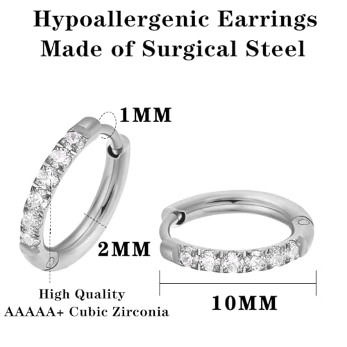 316L Surgical Steel Huggie Hoop Earrings | Dainty Pave Cubic Zirconia Cartilage Tiny Earring for Sensitive Ears Hypoallergenic Lightweight for Women Men - style: Silver,20G*10mm