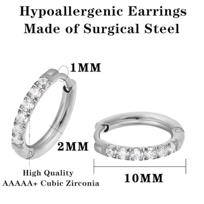 316L Surgical Steel Huggie Hoop Earrings | Dainty Pave Cubic Zirconia Cartilage Tiny Earring for Sensitive Ears Hypoallergenic Lightweight for Women Men - style: Silver,20G*10mm