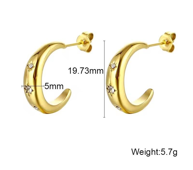 18K Gold Plated Stainless Steel Statement Earrings for Women - Trendy Hoops with Cubic Zirconia - Lightweight Non-Tarnish Waterproof Fashion Jewelry Gift - style: Zircon C-shaped Hoop