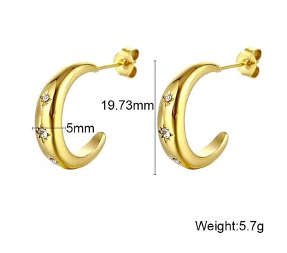 18K Gold Plated Stainless Steel Statement Earrings for Women - Trendy Hoops with Cubic Zirconia - Lightweight Non-Tarnish Waterproof Fashion Jewelry Gift - style: Zircon C-shaped Hoop