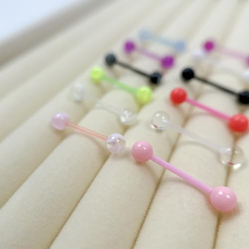 18Pcs 14G Acrylic Tongue Barbells Rings Candy Color Tongue Piercing Jewelry Glow in Dark Plastic Flexible Nipple Ring Straight Barbell for Women Men 16mm
