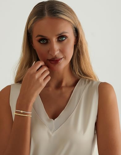14K Gold Plated Bracelets for Women Dainty Tennis Initial Bracelet Trendy Beaded Stackable Charm Bracelets Layered Waterproof Bracelet Dainty Bracelet for Women Jewelry Gifts - style: 01A