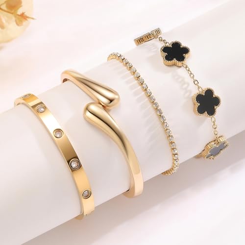 Mothers Day Gifts for Mom 18K Gold-Plated Bracelet Set – Floral Clover, Tennis, Chunky Adjustable Twist Cuff, Classic Gold-plated Bangle Stainless Steel, Non Tarnish, Stackable Bracelet Gift for Women - style: YR floral black