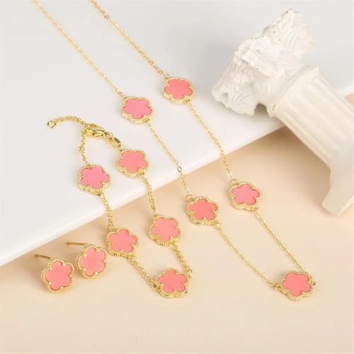 14K Gold-Filled Clover Necklace For Women - Classic Five-Leaf Flower Set Bracelet Necklace Earrings Jewelry Set, Five Leaf Clover Necklaces Dainty Lucky Clover Jewelry - color: Pink - Clover Necklace