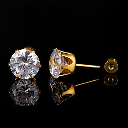 VOLUKA Cubic Zirconia Stainless Steel Screw Flat Back Earring - Hypoallergenic Stud Earrings for Women & Men - 316L Titanium CZ Stud Earrings for Nickel-Free, Trendy & Elegant - color: 6 Pairs- 3-8mm Flat Back-Gold