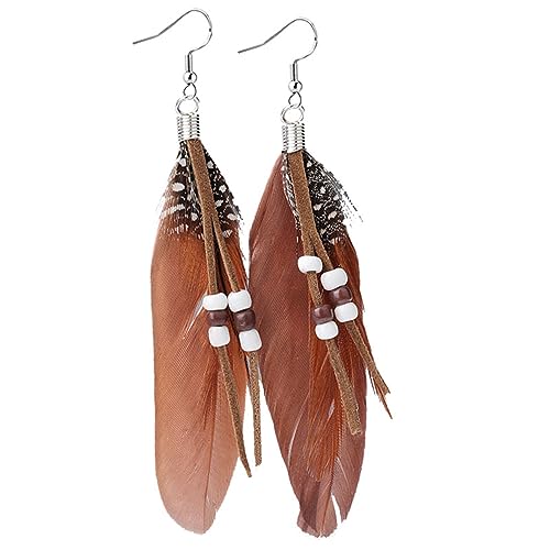 Feather Earrings for Women Vintage Bohemian Earrings Long Drop Dangle Earrings Feather Tassel Mesh Pendant Earrings Boho Fashion Personalized Flowing Lightweight Earrings Statement Unique Feather Earrings Handmade Jewelry - color: Coffee