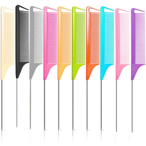 10pcs Rat Tail Combs Set,Salon Hair Stylists Metal Fine Tooth Combs Parting Combs for Hair Teasing and Braiding,Women GirlStyling Combs for - color: Pink, black, purple, blue, orange, yellow, green, gray, beige, rose red