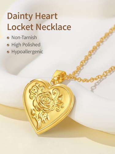 FindChic Locket Necklace for Women Custom Photo Memorial Gifts 4 Colors | Silver/Black/Rose Gold/Gold Plated Personalized for Loved Ones, Birthday Valentine's Day Keepsake - style: 12. Rose Relief (DIY)-Gold
