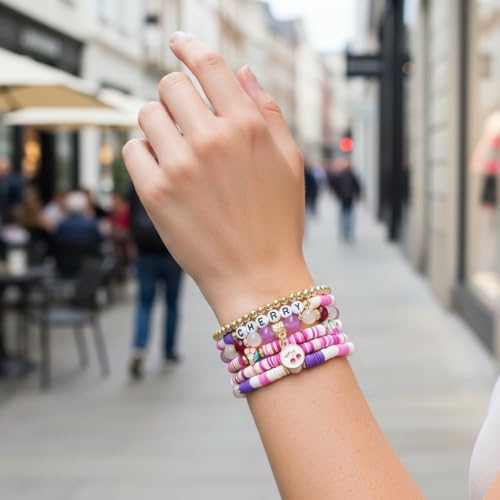 Twinfree Bohemian Cute Fruit Banana Cherry Strawberry Pineapple Mango Polymer Clay Beaded Stackable Stretch Bracelets - color: Color 5