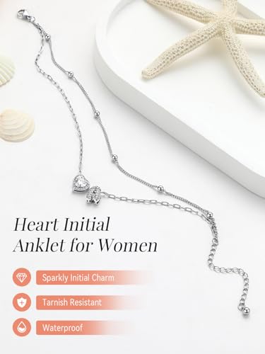 FaithHeart Waterproof Initial Ankle Bracelets for Women, Initial Anklets with Heart CZ Stainless Steel Layered Letter A-Z Anklet No Tarnish Ankle Jewelry - color: Silver, size: Initial U