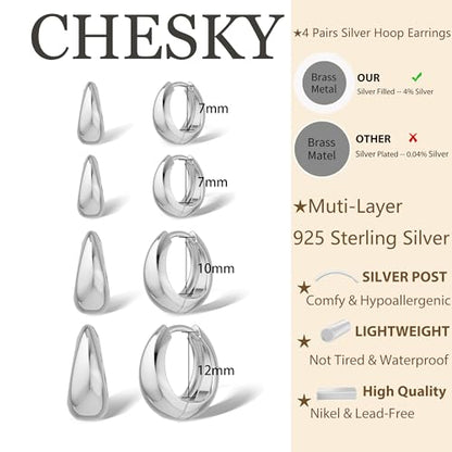 CHESKY 4 Pairs Small Huggie Hoop Earrings for Women - Chunky 14K Gold Plated/Silver Plated Lightweight Earring Stacks Cartilage Hoop Earrings Set for Multiple Piercing Trendy Jewelry - style: 4hoops-sl