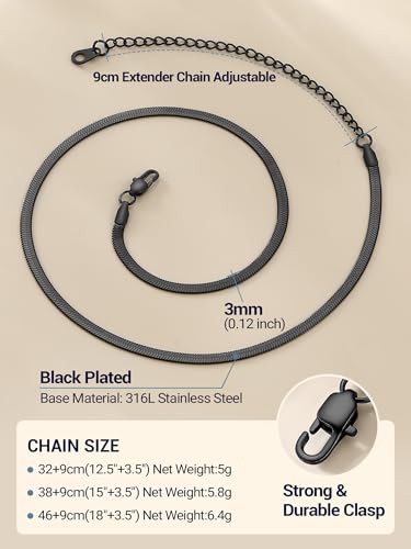 PROSTEEL 3mm/5mm Herringbone Choker Necklace for Women, 12.5"/15"/18", Stainless Steel/Sterling Silver Flat Snake Chain in Silver/Yellow Gold/Rose Gold/Black, Come with Box - color: 3mm-Black Plated, size: 12.5 Inch