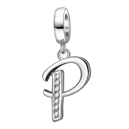 925 Sterling Silver Initial Charm fits Pandora, Gift for Mom Wife | Christmas,Birthday,Mother's Day, Anniversary, Valentine's Day - color: Letter P