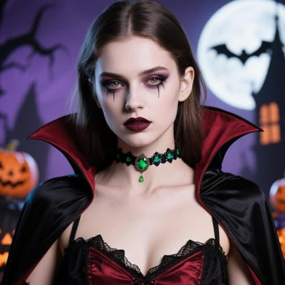 Gothic Lace Choker Vampire Necklace for Women,Black Lace Red Crystal Pendant Necklaces for Halloween,Goth Black Necklace Jewelry Witch Costume Vampire Accessories - style: Style Green