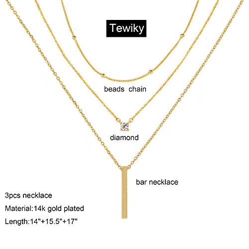 Tewiky Dainty 14k Gold Plated/Silver Cubic Zirconia Necklaces for Women, Simple CZ Jewelry Necklaces Trendy Gifts - color: Gold three layer bar CZ
