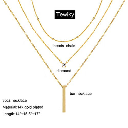 Tewiky Dainty 14k Gold Plated/Silver Cubic Zirconia Necklaces for Women, Simple CZ Jewelry Necklaces Trendy Gifts - color: Gold three layer bar CZ