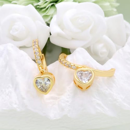 Heart Hoop Earrings with Dangle Sterling Silver Love Heart-Shaped Loop Earrings for Women Hypoallergenic Sparkle Birthstone Cubic Zirconia Hoop Earring with Dangling Charms Dainty Fashion Jewelry Gift - color: Gold-White
