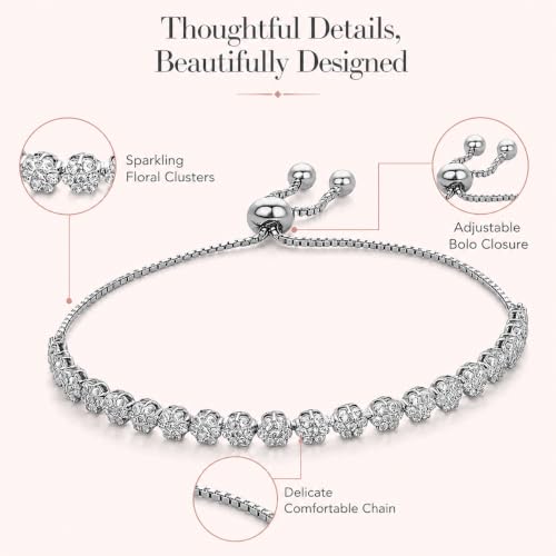 LeCalla 925 Sterling Silver Sliding Bolo Bracelet | Adjustable Beaded Tennis Bracelets for Women | Adjustable Slider Bolo Bracelets Gifts for Her - color: Flower Shaped CZ