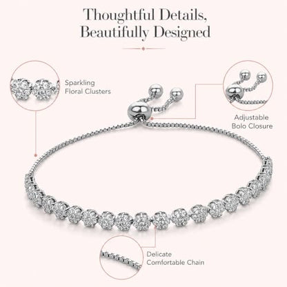 LeCalla 925 Sterling Silver Sliding Bolo Bracelet | Adjustable Beaded Tennis Bracelets for Women | Adjustable Slider Bolo Bracelets Gifts for Her - color: Flower Shaped CZ