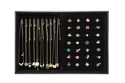 Wudygirl Jewelry Organizer Leather Jewelry Tray for Drawer 13.7"x9.4" Black | 2 in 1 Necklace Ring Display with Velvet Liner, Jewelry Tray for Storage, Ideal for Dresser Drawer, Gift Giving, Stackable - color: Black Necklace Ring Tray, size: 1 Pcs