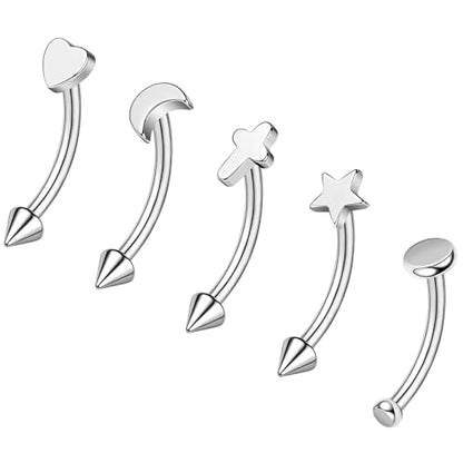 ZS 5Pcs Stainless Steel Eyebrow Rings, 16G Curved Belly Rings Navel Barbell Helix Daith Tragus Earrings Spike Vertical Labret Lip Piercing Jewelry - color: Sliver,L:10mm