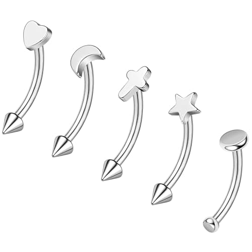 ZS 5Pcs Stainless Steel Eyebrow Rings, 16G Curved Belly Rings Navel Barbell Helix Daith Tragus Earrings Spike Vertical Labret Lip Piercing Jewelry - color: Sliver,L:10mm
