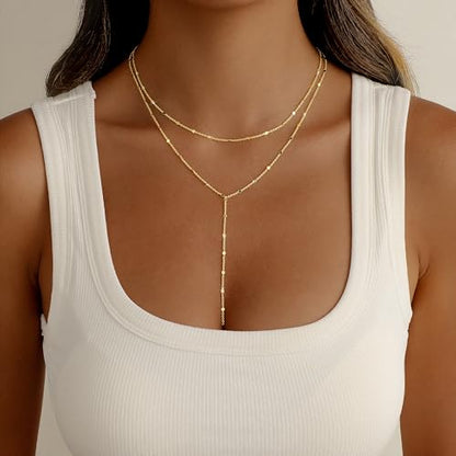 Gold/Silver Necklace for Women 14K Gold/Silver Plated Long CZ Necklaces Layered Lariat Chain Beach Choker Trendy Stuff Simple Cute Accessories Gifts Prom Formal Jewelry - color: GD