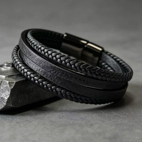 Italian Handmade Leather Bracelets for Men - color: Wrap Black, size: 8.2"