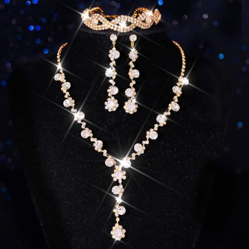 Aukmla Rhinestone Wedding Prom Jewelry Sets Silver Diamond Necklaces and Earring Bracelet Set for Brides and Women - color: Gold