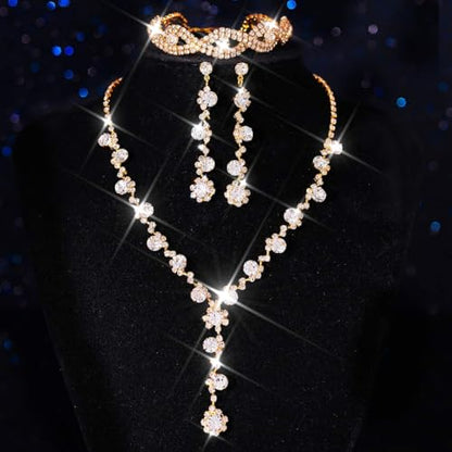 Aukmla Rhinestone Wedding Prom Jewelry Sets Silver Diamond Necklaces and Earring Bracelet Set for Brides and Women - color: Gold
