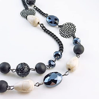 Bocar Long Necklaces for Women Trendy, Boho Layered Crystal Beaded Collar Necklaces for Women, Fashion Statement Necklaces Jewelry - color: Pirate Black