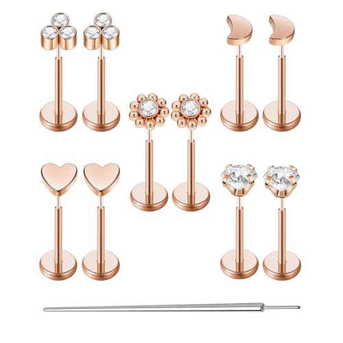Uni-J 10pcs 20G/18G/16G Threadless Push-in Tragus Conch Cartilage Flat Back Helix Labret Monroe Lip Ring Daith Piercing Jewelry - color: 18G Rose Gold 6mm