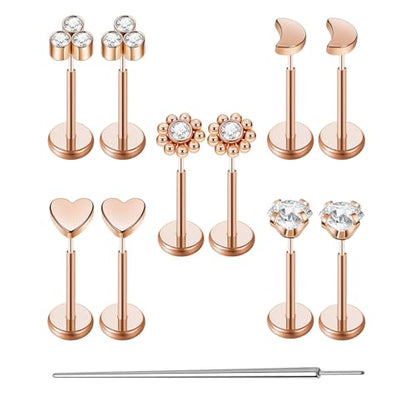 Uni-J 10pcs 20G/18G/16G Threadless Push-in Tragus Conch Cartilage Flat Back Helix Labret Monroe Lip Ring Daith Piercing Jewelry - color: 18G Rose Gold 6mm
