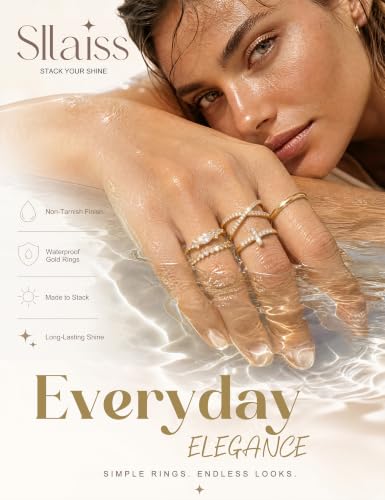 Sllaiss Stackable Gold Rings for Women Non-Tarnish 14K Gold Plated Ring Set | Non Tarnish, Dainty Stacking Ring Set, Ring Stack, Cubic Zirconia Thumb Rings, Promise Wedding Bands, Stackable Rings - color: 14K Gold Plated