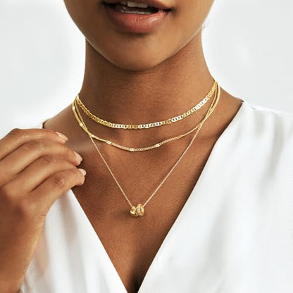 Airmb Gold Layered Necklaces for Women 14k Gold Plated Dainty Stackable Choker Necklaces for Women Trendy Layering Chain Cute Pendant Necklace Set Gold Jewelry for Women - color: 3PS-Two Rondelle-Gold