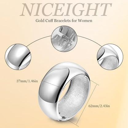 NICEIGHT 18K Gold Plated Chunky Bangle Bracelets for Women Gold Wide Cuff Bangle Bracelet Hammered Minimalist Thick Gold Wrist Wrap Bracelets - color: Silver Plain Bracelet