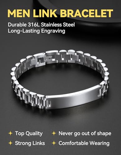 ChainsHouse Men Stainless Steel Bracelet Adjustable Custom ID Engraved Gift | Personalized Silver/Gold/Black for Birthday Father Husband Boyfriend with Gift Box Adjustable Tool 10mm/15mm/15.5mm 8.3"/8.7" - color: B.10mm Width-Silver-No Custom