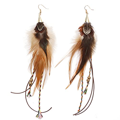 Natural Feather Earrings Bohemian Long for Women Handmade Feather Jewelry Tassel Dangle