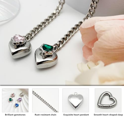 Heart Layer Pendant Necklace for Women, Adjustable Slip Chain with Colorful Gemstone & Heart Clasp - color: White