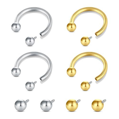 Longita Internally Threaded Septum Ring Silver Black Gold Septum Rings 16G Septum Piercing Surgical Steel Septum Jewelry Septum Nose Rings 16 Gauge Small Septum Ring Horseshoe with Replacement Balls - color: D1-silver+gold-8mm