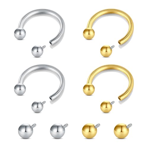 Longita Internally Threaded Septum Ring Silver Black Gold Septum Rings 16G Septum Piercing Surgical Steel Septum Jewelry Septum Nose Rings 16 Gauge Small Septum Ring Horseshoe with Replacement Balls - color: D2-silver+gold-10mm