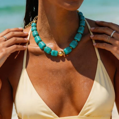 Colorful Statement Chunky Beaded Necklace for Women Trendy Y2K Boho Choker | Large Square Resin Beads Bold Summer Vacation Jewelry - color: Turquoise