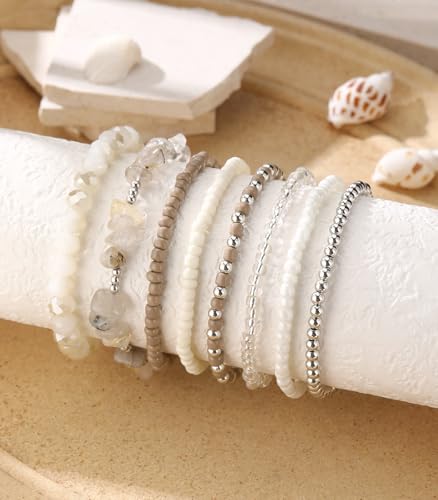 Noessla Boho Beaded Bracelets for Women Stackable Irregular Natural Stone Bead Stretch Bracelet Set 8PCS Costume Jewelry Gifts for Her - color: Beige