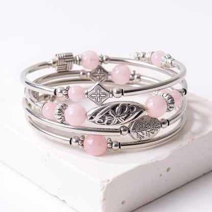 Boho Wrap Beaded Bracelet for Women – Handmade Natural Stone Jewelry – Stainless Steel Adjustable Ethnic Chic Gift - color: Pink Crystal