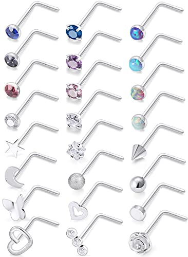 20G 18G 16G Cubic Zirconia Nose Rings Studs 316L Surgical Steel Hypoallergenic Nose Piercings Jewelry for Women Men CZ 2mm-3mm 24 Pcs - color: A:20G L Shaped + Silver Tone